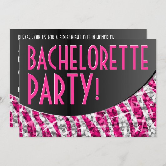 Invitation Glitz Zebra Rose courbe noire 'Bachelorette Party' (Devant / Derrière)