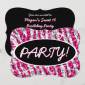 Invitation Glitz Zebra Rose 'Party!' noir oval support (Devant / Derrière)