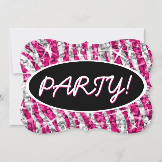 Invitation Glitz Zebra Rose 'Party!' noir oval support (Devant)