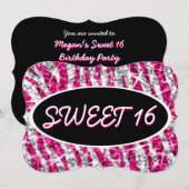 Invitation Glitz Zebra Rose 'Sweet 16' support ovale noir (Devant / Derrière)
