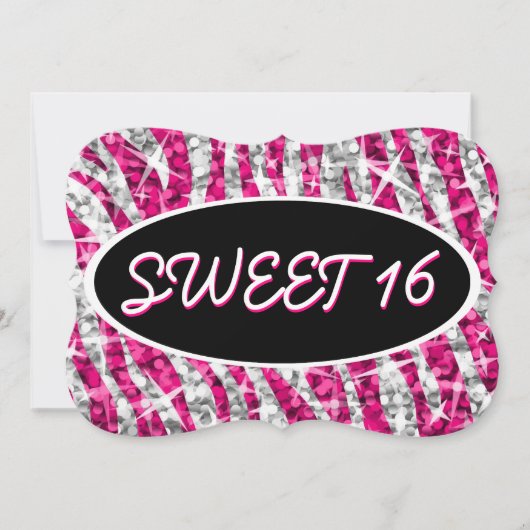 Invitation Glitz Zebra Rose 'Sweet 16' support ovale noir (Devant)