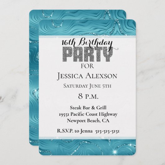 Invitation Glitzy Aqua Blue Turquoise Parties scintillant Ann (Devant / Derrière)
