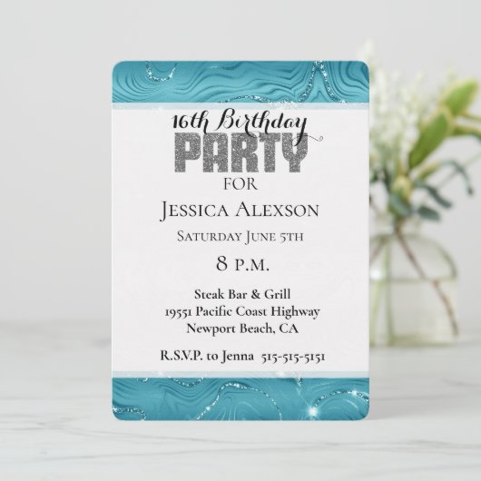 Invitation Glitzy Aqua Blue Turquoise Parties scintillant Ann (Debout devant)