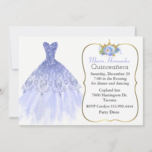 Invitation Glitzy Blue Gown Quinceañera (Devant)