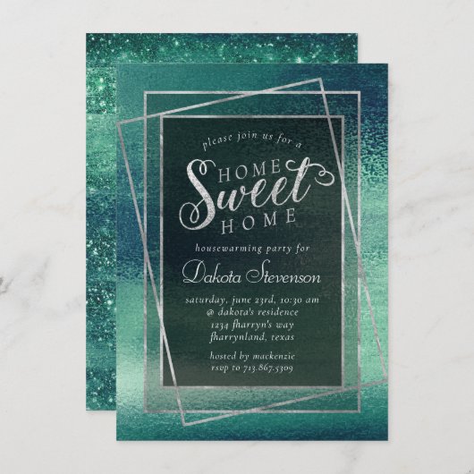 Invitation Glitzy Foil | Aqua vert de mer (Devant / Derrière)