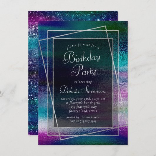 Invitation Glitzy Foil | Holographique Metallic Anniversaire (Devant / Derrière)