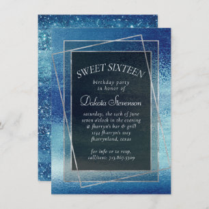 Invitation Glitzy Foil   Ice Blue Faux Iridescente Sweet 16