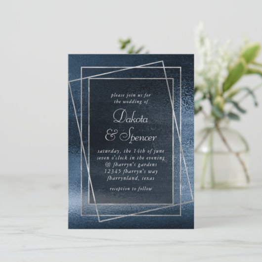 Invitation Glitzy Foil | Marine Blue Faux Glam Mariage métall (Debout devant)