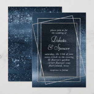 Invitation Glitzy Foil Marine Blue Faux Glam Mariage métall
