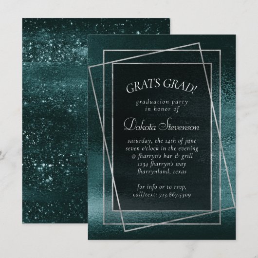 Invitation Glitzy Foil | Midnight Turquoise Dark Glam Graduat (Devant / Derrière)