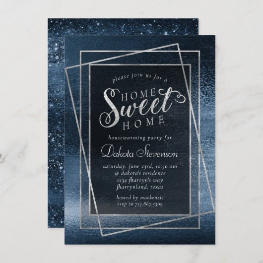 Invitation Glitzy Foil | Navy Blue Sparkle Home Sweet Home (Devant / Derrière)