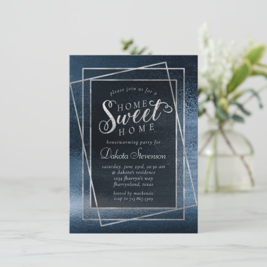 Invitation Glitzy Foil | Navy Blue Sparkle Home Sweet Home (Debout devant)