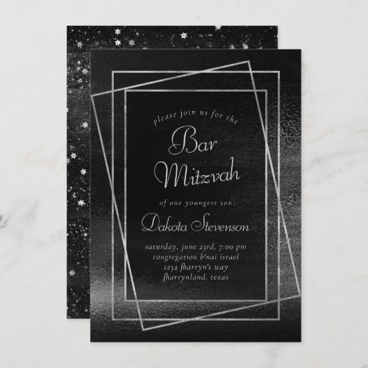 Invitation Glitzy Foil | Platinum Argent Bar ou Bat mitzvah (Devant / Derrière)
