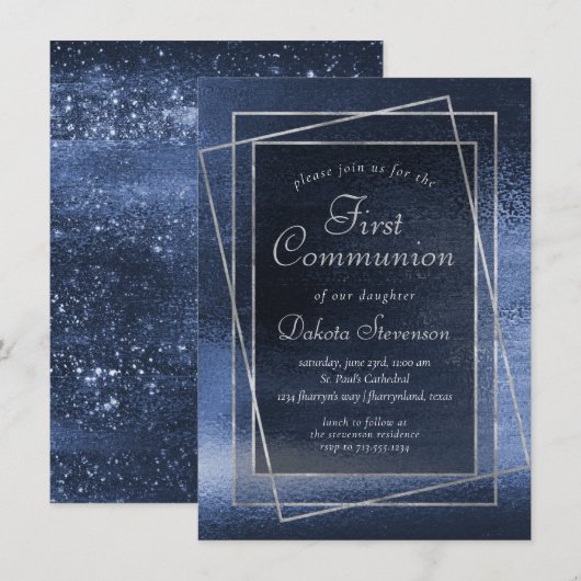 Invitation Glitzy Foil | Première communion de la Parties sci (Devant / Derrière)