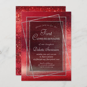 Invitation Glitzy Foil   Première communion rouge de Crimson