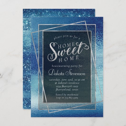 Invitation Glitzy Foil | Réchauffement domestique Ice Blue (Devant / Derrière)