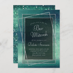 Invitation Glitzy Foil Seafoam Iridescah Green Bar Mitzvah