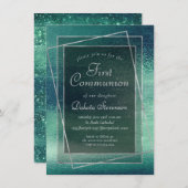Invitation Glitzy Foil | Seafoam Iridescente Green Communion (Devant / Derrière)