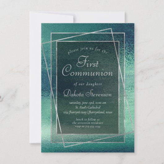 Invitation Glitzy Foil | Seafoam Iridescente Green Communion (Devant)