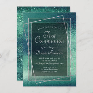 Invitation Glitzy Foil   Seafoam Iridescente Green Communion