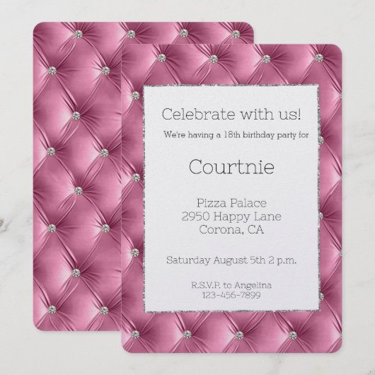 Invitation Glitzy Glam rose Argent Faux Velvet Anniversaire (Devant / Derrière)
