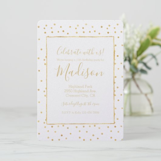 Invitation Glitzy Gold Confetti Anniversaire (Debout devant)