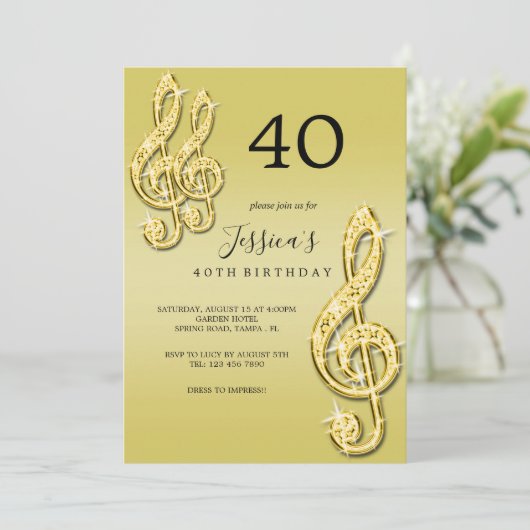 Invitation Glitzy Gold Music Notes Anniversaire (Debout devant)