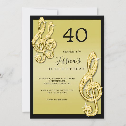 Invitation Glitzy Gold Music Notes Anniversaire (Devant)