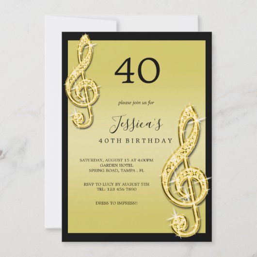 Invitation Glitzy Gold Music Notes Anniversaire (Devant)