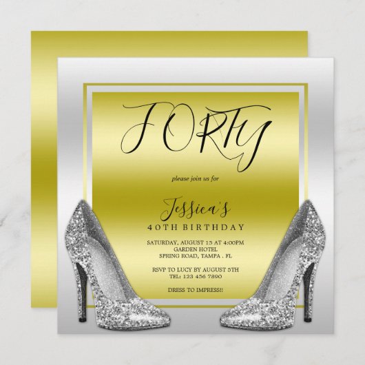 Invitation Glitzy Gold & Silver Stilettos 40e anniversaire (Devant / Derrière)