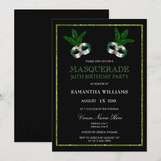 Invitation Glitzy Green Glitters Masquerade 30e Anniversaire (Devant / Derrière)