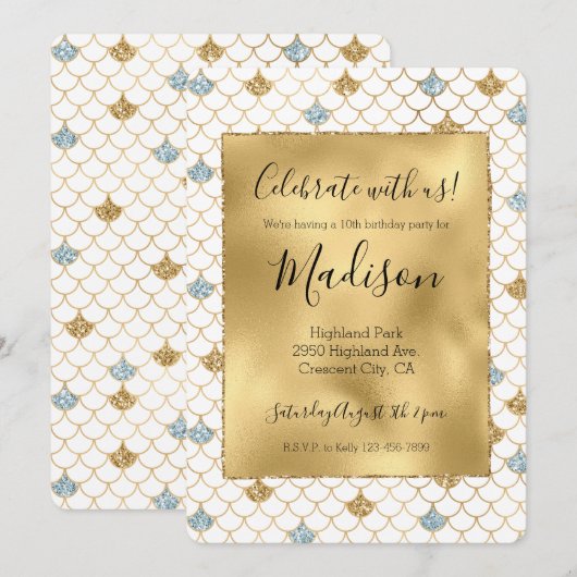 Invitation Glitzy Mermaid Blue Gold Sparkle (Devant / Derrière)