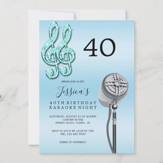 Invitation Glitzy Music Note & Microphone Karaoke Anniversday (Devant)