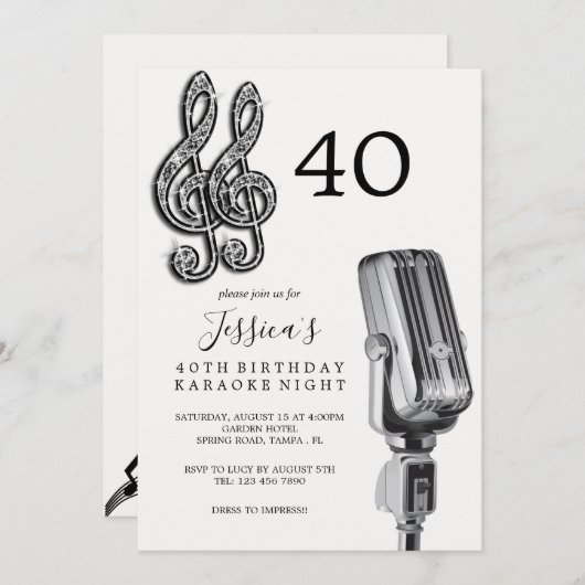 Invitation Glitzy Music Note & Microphone Karaoke Anniversday (Devant / Derrière)