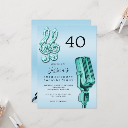 Invitation Glitzy Music Note & Microphone Karaoke Anniversday (Devant/Arrière en situation)