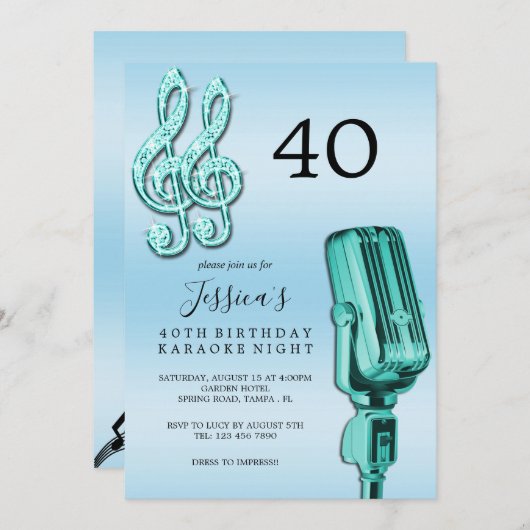 Invitation Glitzy Music Note & Microphone Karaoke Anniversday (Devant / Derrière)