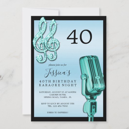 Invitation Glitzy Music Note & Microphone Karaoke Anniversday (Devant)