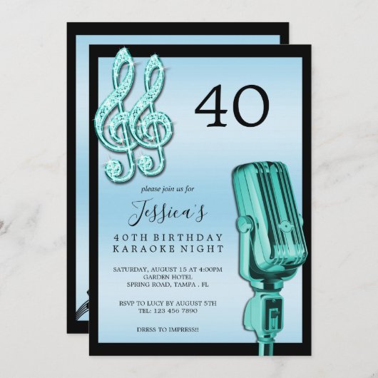 Invitation Glitzy Music Note & Microphone Karaoke Anniversday (Devant / Derrière)