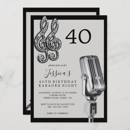Invitation Glitzy Music Note & Microphone Karaoke Anniversday (Devant / Derrière)