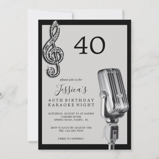 Invitation Glitzy Music Note & Microphone Karaoke Anniversday (Devant)