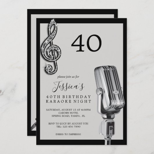 Invitation Glitzy Music Note & Microphone Karaoke Anniversday (Devant / Derrière)