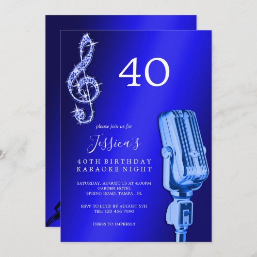 Invitation Glitzy Music Note & Microphone Karaoke Anniversday (Devant / Derrière)