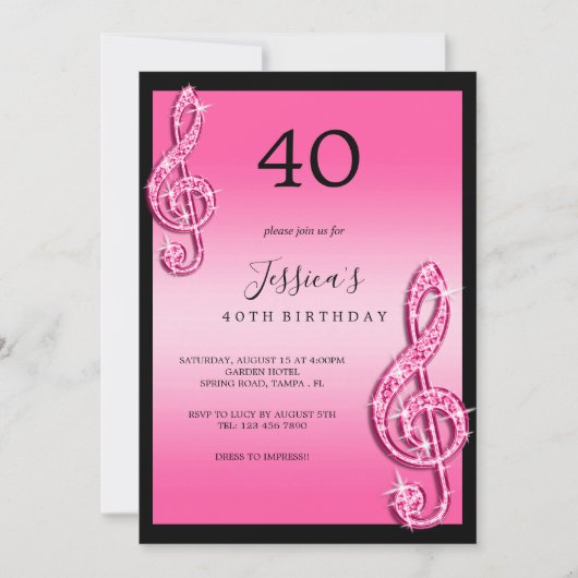 Invitation Glitzy Pink Music Notes Anniversaire (Devant)