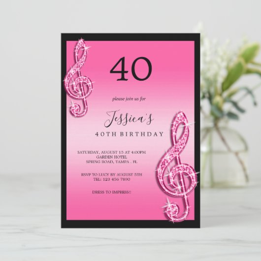 Invitation Glitzy Pink Music Notes Anniversaire (Debout devant)