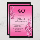 Invitation Glitzy Pink Music Notes Anniversaire (Devant / Derrière)