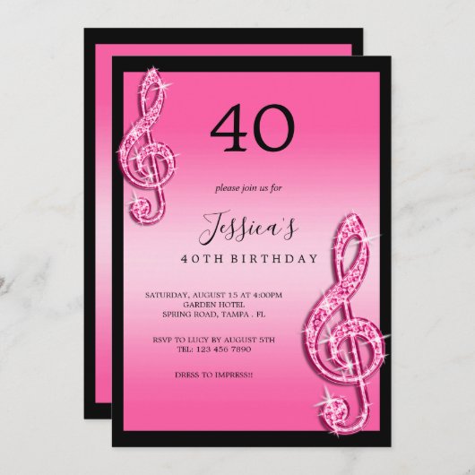 Invitation Glitzy Pink Music Notes Anniversaire (Devant / Derrière)