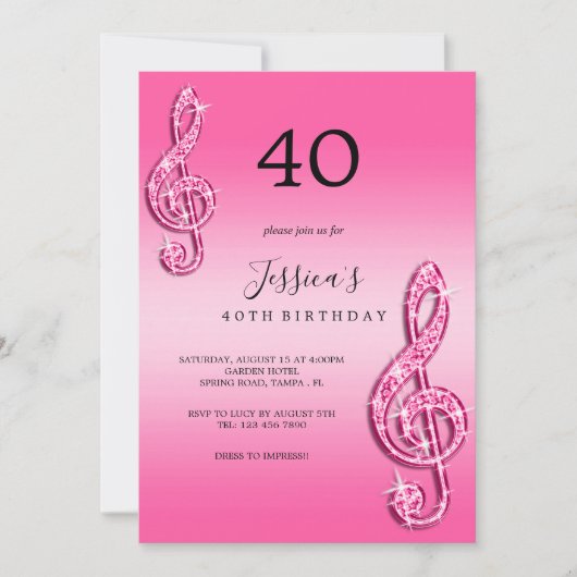 Invitation Glitzy Pink Music Notes Anniversaire (Devant)