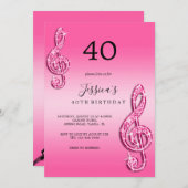 Invitation Glitzy Pink Music Notes Anniversaire (Devant / Derrière)