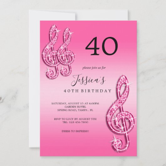 Invitation Glitzy Pink Music Notes Anniversaire (Devant)