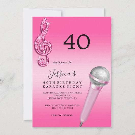 Invitation Glitzy Pink Music Notes & Micro Karaoke Anniversda (Devant)